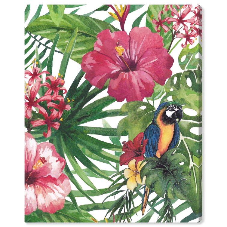 Oliver Gal Tropical Flowers With Parrot Graphic Art on Canvas